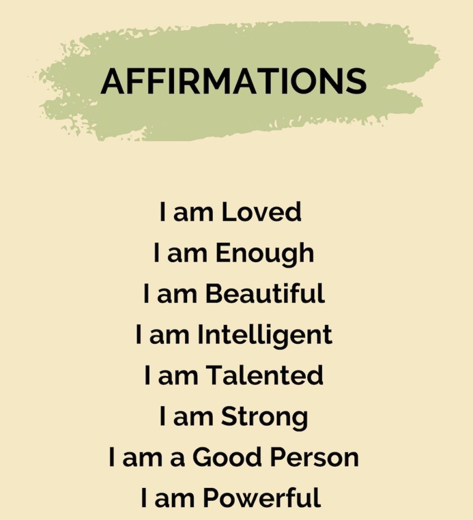 Word collage of positive affirmations to remove self-doubt to reduce stress and anxiety.