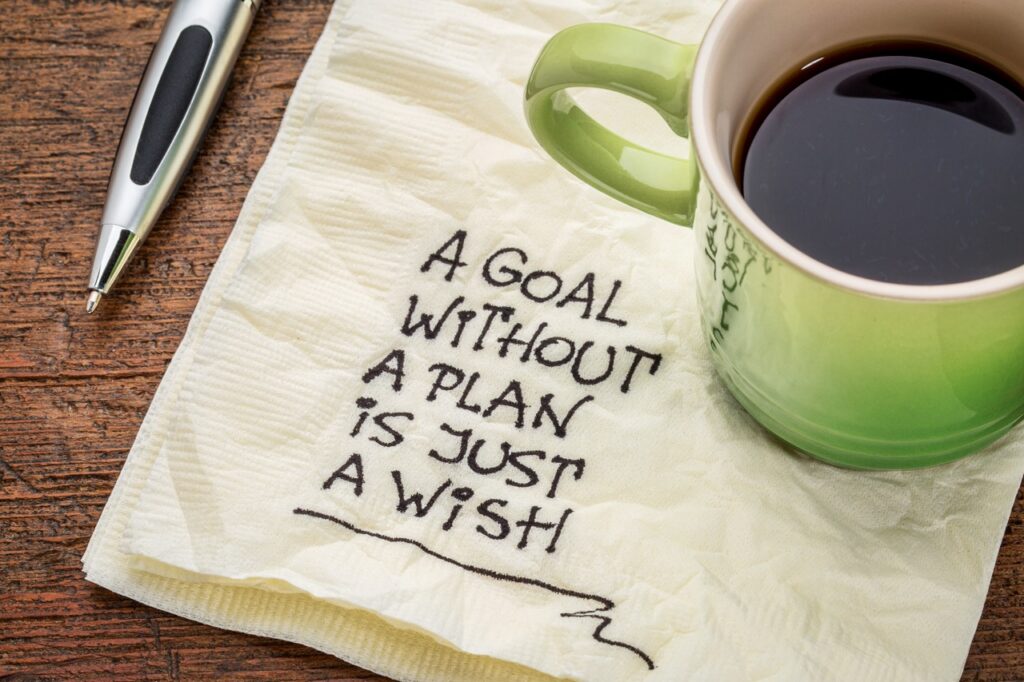 A goal without a plan is just a wish - motivational handwriting on a napkin with a cup of coffee.
