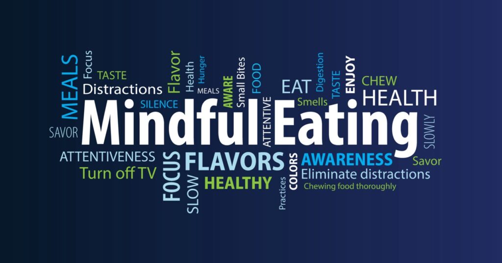 Illustration of Mindful Eating word cloud on a blue background
